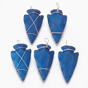 Electroplated Non-magnetic Synthetic Hematite Pendants, with Platinum Tone Brass Findings, Matte Style, Arrows, Blue Plated, 46~53.5x22~25x7~9.5mm, Hole: 5~6x3.5~5mm