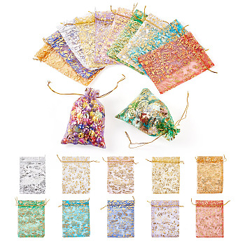 50Pcs 10 Colors Rose Printed Organza Drawstring Bags, Wedding Favour Bags, Gift Bags, Rectangle, Mixed Color, 16x11x0.05cm, 5pcs/color