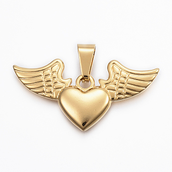 304 Stainless Steel Pendants,  Heart with Wing, Golden, 20x40x3mm, Hole: 9x5mm