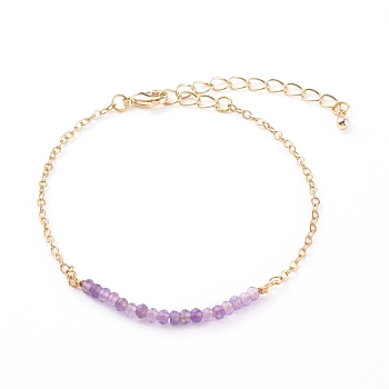 February Birthstone Natural Amethyst Beaded Bracelets, with Brass Cable Chains, Faceted Round, Golden, 7-1/4 inch(18.5cm)