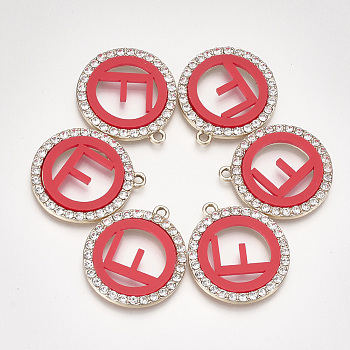 Acrylic Pendants, with Crystal Rhinestone and Alloy Findings, Flat Round with Letter, Light Gold, Red, Letter.F, 28x25x3mm, Hole: 2mm