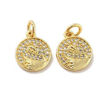 Flat Round with Swan Pattern Brass Micro Pave Clear Cubic Zirconia Charms, with Jump Rings, Cadmium Free & Lead Free, Golden, 13x10.5x1.4mm, Hole: 3mm