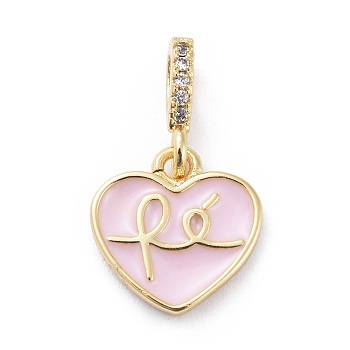 Cubic Zirconia Charms, with Brass Findings and Enamel, Heart, Golden, Pink, 12x11.5x2mm, Hole: 2x3.5mm