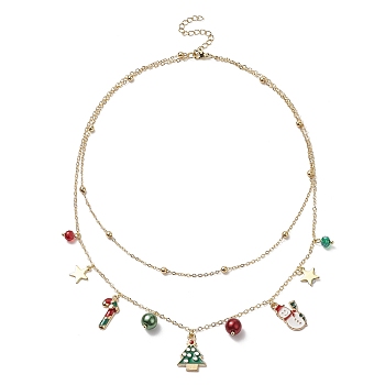 Brass Satellite Chains Double Layer Necklace, Candy Cane & Tree & Santa Claus Alloy Enamel Charms Christmas Necklace for Women, Colorful, 15.75 inch(40cm)