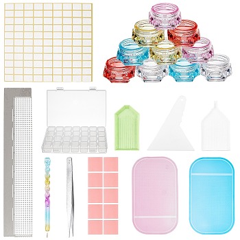 DIY Diamond Picture Kit, with Iron Tweezers, Label Paster, DIY Rhinestones Picker Tools, Tray Plate, Plastic Cosmetics Jar & Silicone Pad, Mixed Color