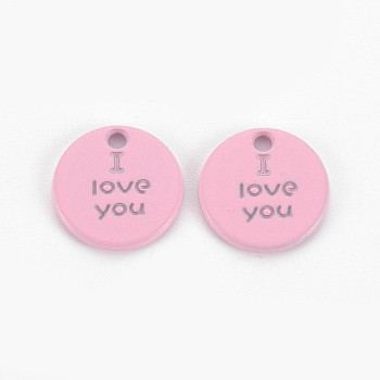 Spray Painted Alloy Charms for Valentine's Day, Cadmium Free & Lead Free, Flat Round with Phrase I Love You, Pearl Pink, 13x13x1.5mm, Hole: 1.6mm