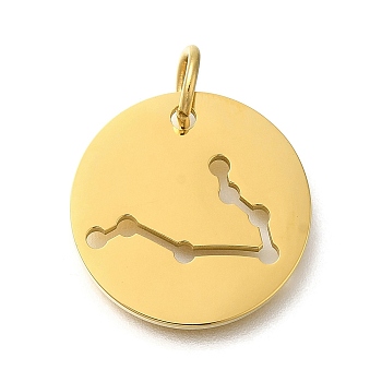 Ion Plating(IP) 304 Stainless Steel Pendants, with Jump Ring, Laser Cut, Flat Round with Constellation Charm, Real 18K Gold Plated, Gemini, 20x1.5mm, Hole: 5mm