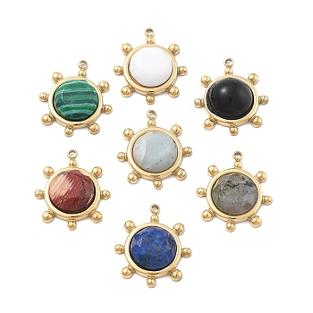 Natural & Synthetic Mixed Gemstone Pendants, 304 Stainless Steel Sun Charms, Ion Plating(IP), Real 14K Gold Plated, Mixed Dyed and Undyed, Faceted & Not Faceted, 19.5x17x4.5mm, Hole: 1mm