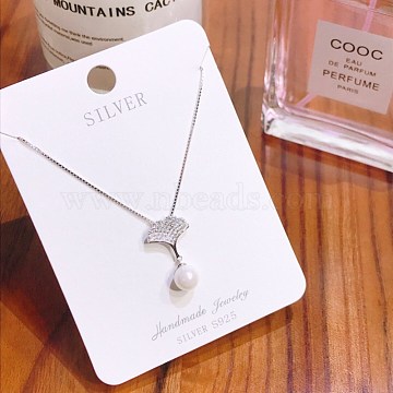 925 Sterling Silver Pendant Necklaces, Box Chains, with Cubic Zirconia & Imitation Pearl, Ginkgo Leaf, White, Platinum, 16.1 inches(41cm)(NJEW-BB34903-P)