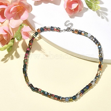 Glass Cube Beaded Necklace with 304 Stainless Steel Clasps(NJEW-JN04400)-2