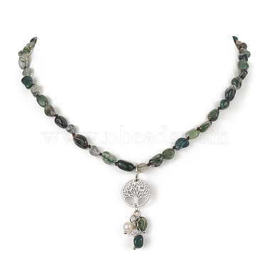 Natural Moss Agate & Pearl & Cubic Zirconia Tree of Life Pendant Necklace(NJEW-JN04335-02)-5