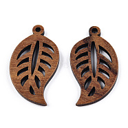 Natural Walnut Wood Pendants, Undyed, Hollow Leaf Charm, Camel, 30.5x17x2.5mm, Hole: 1.8mm(WOOD-T023-16)