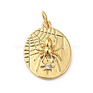 Rack Plating Brass Cler Cubic Zirconia Pendants, Flat Round with Spider Pattern, Cadmium Free & Nickel Free & Lead Free, Real 18K Gold Plated, 17.5x13.5x3.5mm, Hole: 3.6mm(KK-H431-47G)