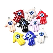 Evil Eye Resin Pendants, Hamsa Hand Charms, with Platinum Plated Iron Loops, Mixed Color, 34.5x26x9mm, Hole: 2mm(RESI-D050-05P)