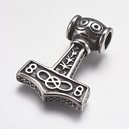 304 Stainless Steel Pendants, Thor's Hammer, Antique Silver, 33x48x15mm, Hole: 8mm(STAS-P225-062AS)