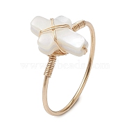 Natural White Shell Finger Rings, Golden Brass Wire Wrap Ring, Cross, US Size 9 (18.9mm)(RJEW-JR00610-01)
