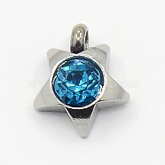 201 Stainless Steel Rhinestone Star Charm Pendants, Grade A, Faceted, Blue Zircon, 9x8x3mm, Hole: 1mm(RB-M030-01E)