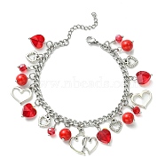 Tibetan Style Alloy & Glass Heart Charm Bracelet with 304 Stainless Steel Curb Chains for Valentine's Day, Red, 7-3/8 inch(18.7cm)(BJEW-TA00311)