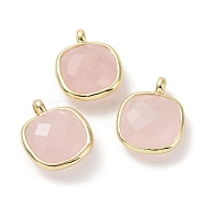 Natural Rose Quartz Pendants, Faceted Square Charms, with Golden Plated Brass Edge Loops, 16.5x13x6mm, Hole: 2.2mm(G-G012-09G-04)