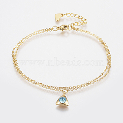 304 Stainless Steel Cable Chain Bracelets, Multi-strand Bracelets, with Rhinestone, Lobster Claw Clasps, Triangle, Golden, Aquamarine, 7-1/8 inch(180mm), 1.5mm(BJEW-I243-20G-A)