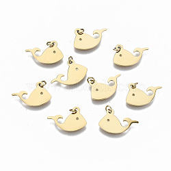 304 Stainless Steel Charms, with Jump Rings, Laser Cut, Whale Shape, Real 14K Gold Plated, 10x15x1mm, Jump Ring: 3x0.4mm, 2.2mm inner diameter(X-STAS-S116-061G)