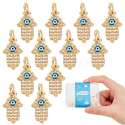 Eco-friendly Brass Micro Pave Clear Cubic Zirconia Pendants, with Enamel and Jump Ring, Cadmium Free & Lead Free, Hamsa Hand/Hand of Miriam with Evil Eye, Real 18K Gold Plated, 14x8.5x3mm, Hole: 3.2mm, 12pcs/box(KK-DC0001-77)