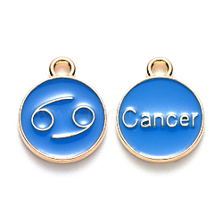 Alloy Enamel Pendants, Cadmium Free & Lead Free, Flat Round with Constellation, Light Gold, Dodger Blue, Cancer, 22x18x2mm, Hole: 1.5mm(ENAM-S124-01A-02D)