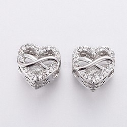 Brass Micro Pave Cubic Zirconia European Beads, Large Hole Beads, Heart and Infinity, Polyamory Charm, Clear, Platinum, 10x10x8mm, Hole: 4.5mm(OPDL-P001-16)