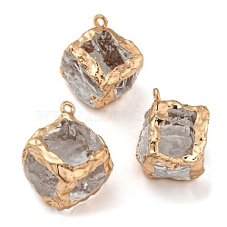 Glass Pendants, with with Golden Plated Brass Frame, Cube, Clear, 25~27.5x21.5~22.5x16~17.5mm, Hole: 1.8mm(KK-C034-01G)
