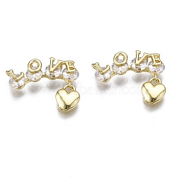 Brass Clear Cubic Zirconia Pendant Links Connectors, Love with Heart, Golden, 14x16x4mm, Hole: 1mm(ZIRC-S069-009G)