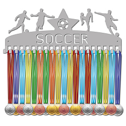 Fashion Iron Medal Hanger Holder Display Wall Rack, 20-Hooks, with Screws, Silver, Football, 150x400mm, Hole: 5mm(ODIS-WH0037-202)