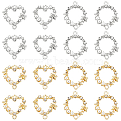 16Pcs 4 Style Alloy Crystal Rhinestone Links, Connector Charms, with White ABS Plastic Imitation Pearl, Ring & Heart, Platinum & Light Gold, 18x17~21.5x3.5mm, Hole: 1.5mm, 4pcs/style(FIND-AR0001-87)