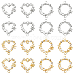 ARRICRAFT 16Pcs 4 Style Alloy Crystal Rhinestone Links, Connector Charms, with White ABS Plastic Imitation Pearl, Ring & Heart, Platinum & Light Gold, 18x17~21.5x3.5mm, Hole: 1.5mm, 4pcs/style(FIND-AR0001-87)