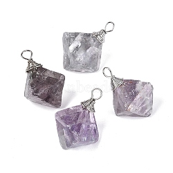 Natural Fluorite Pendants, Rhombus Charms, with Platinum Tone Iron Wire Loops, Platinum, 36~39x21~23x20~23mm, Hole: 3.5~5x5mm(G-Q606-49P)