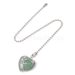 Heart Natural Green Aventurine Ceiling Fan Pull Chain Extenders, with Iron Ball Chains, 353mm, Pendant: 36x33x10mm(FIND-JF00118-03)