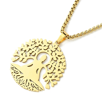 Titanium Steel Pendant Necklaces, Box Chain, Tree of Life, Golden, 23.50 inch(59.7cm)