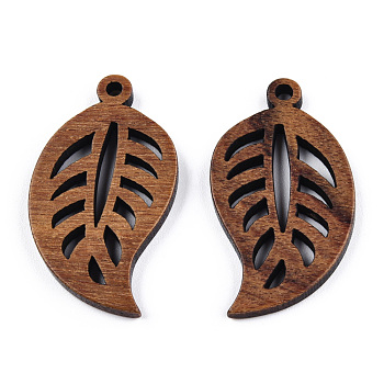 Natural Walnut Wood Pendants, Undyed, Hollow Leaf Charm, Camel, 30.5x17x2.5mm, Hole: 1.8mm