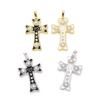 Eco-friendly Rack Plating Brass Enamel Pendants, with ABS Platic Imitation Pearls and Rhinestone, Cadmium Free & Lead Free, Long-Lasting Plated, Cross Charm, Mixed Color, 30x19x3.5mm, Hole: 3.5x6mm
