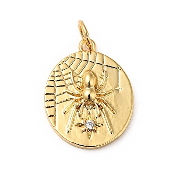 Rack Plating Brass Cler Cubic Zirconia Pendants, Flat Round with Spider Pattern, Cadmium Free & Nickel Free & Lead Free, Real 18K Gold Plated, 17.5x13.5x3.5mm, Hole: 3.6mm