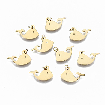 304 Stainless Steel Charms, with Jump Rings, Laser Cut, Whale Shape, Real 14K Gold Plated, 10x15x1mm, Jump Ring: 3x0.4mm, 2.2mm inner diameter