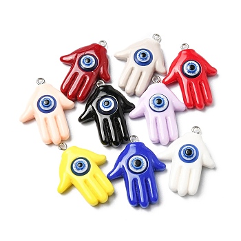 Evil Eye Resin Pendants, Hamsa Hand Charms, with Platinum Plated Iron Loops, Mixed Color, 34.5x26x9mm, Hole: 2mm