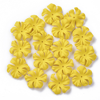 6-Petal Spray Painted Acrylic Bead Caps, Rubberized Style, Flower, Yellow, 22x21x6mm, Hole: 1.4mm