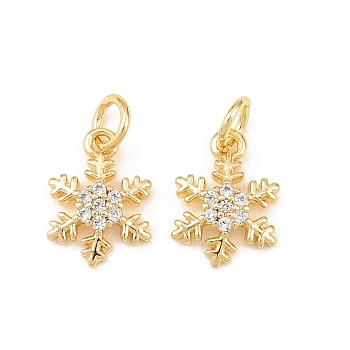 Brass Micro Pave Cubic Zirconia Pendants, Snowflake Charms, Long-Lasting Plated, Rack Plating, Lead Free & Cadmium Free, with Jump Ring, Real 18K Gold Plated, 12x9x2.5mm, Jump Ring: 5x0.8mm, Inner Diameter: 3mm
