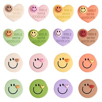 32Pcs 16 Styles Opaque Cute Resin Cabochons, Heart & Flat Round with Smiling Face, Mixed Color, 2pcs/style