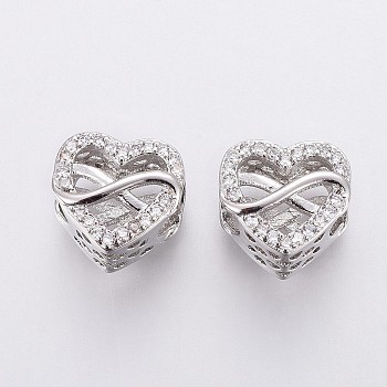 Brass Micro Pave Cubic Zirconia European Beads, Large Hole Beads, Heart and Infinity, Polyamory Charm, Clear, Platinum, 10x10x8mm, Hole: 4.5mm