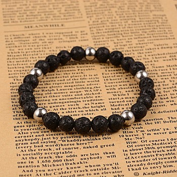 Natural Gemstone Beaded Stretch Bracelets, with 304 Stainless Steel Beads, Stainless Steel Color, 65mm