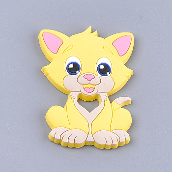 Food Grade Eco-Friendly Silicone Kitten Cabochons, Chewing Beads For Teethers, DIY Nursing Necklaces Making, Cartoon Cat, Yellow, 90~91x64x9.5mm