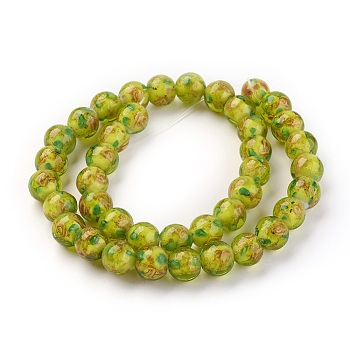 Handmade Gold Sand Lampwork Beads Strands, Inner Flower, Round, Yellow Green, 10x9mm, Hole: 1mm, about 40~42pcs/strand, 14.56 inch~14.96 inch(37~38cm)