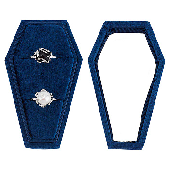 Halloween Theme Coffin Shaped Velvet Finger Ring Boxes, Ring Storage Box with Sponge Inside, Marine Blue, 9.2x5.6x4.6cm
