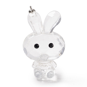 Transparent Acrylic Rhinestone Big Pendants, with Alloy Findings, Faceted, Rabbit, Clear, 59.5x35.5x24mm, Hole: 1.6mm